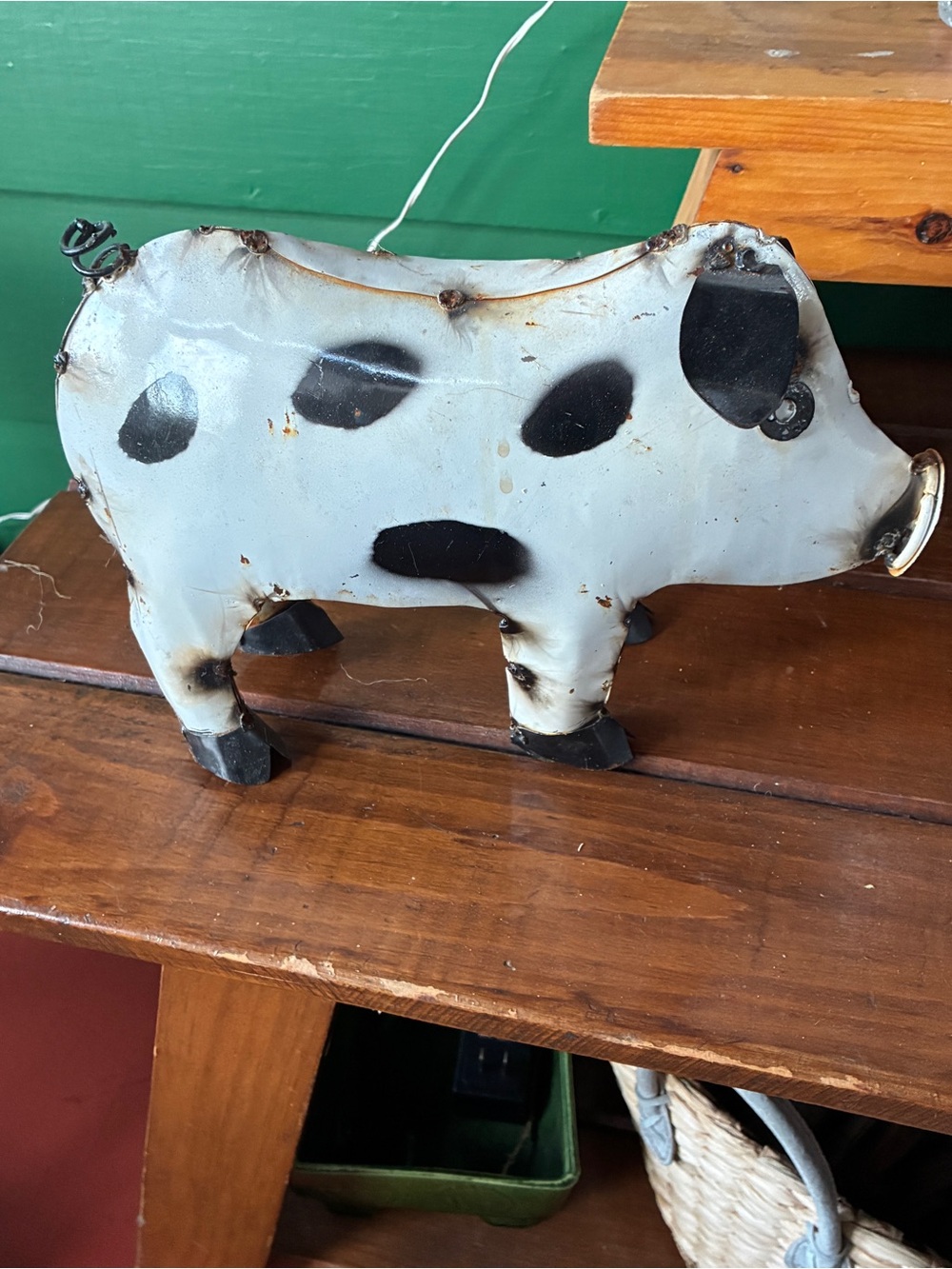 Handcrafted White and Black Metal Pig Sculpture from Zimbabwe- Home Art